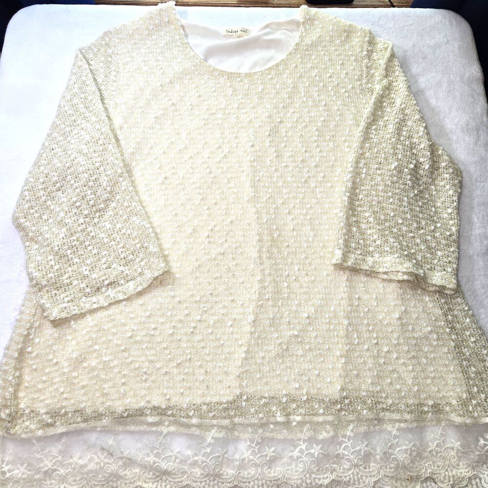 Indigo Soul Womens 3XL Lace Ruffle Sweater Tunic Ivory Loose Crochet with Liner
